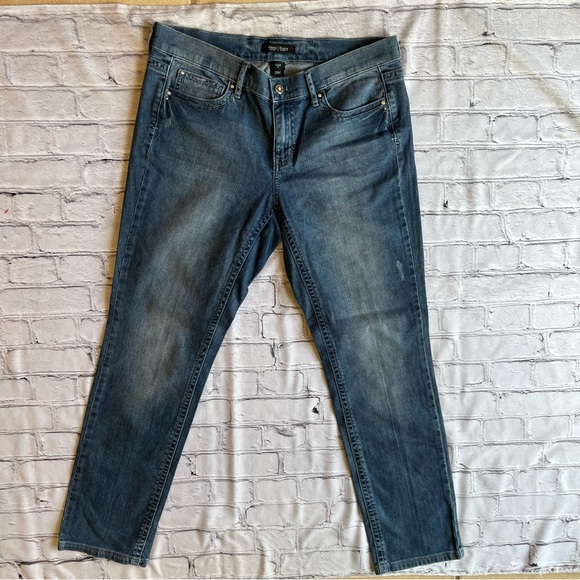 WHBM White House Black Market Noir Jeans 8 Embellished Mom Faded Denim Ankle - Picture 1 of 16